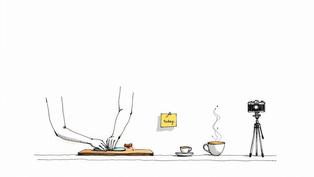 Illustration of hands working on a craft or food, with coffee cups and a camera on a tripod.
