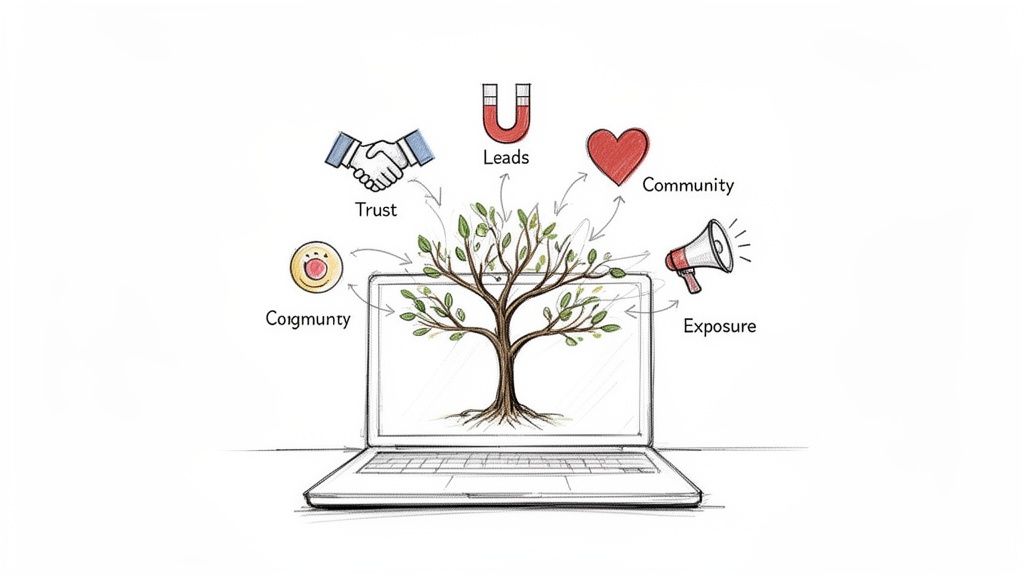 Diagram of a tree growing from a laptop, illustrating online presence built through trust, leads, community, and exposure.