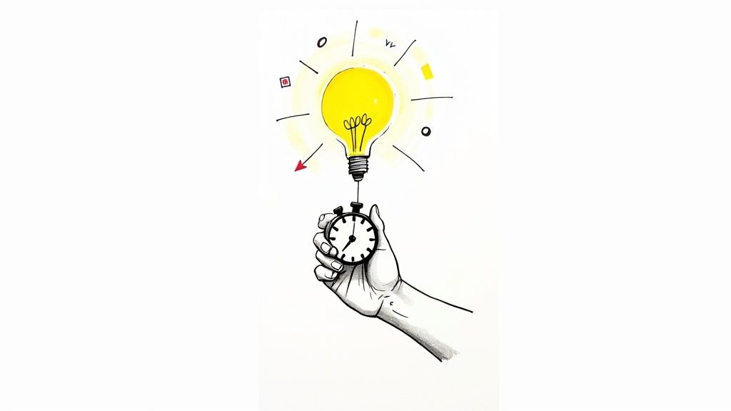 A hand holds a stopwatch connected to a bright light bulb, symbolizing timed ideas or creative problem-solving under pressure.
