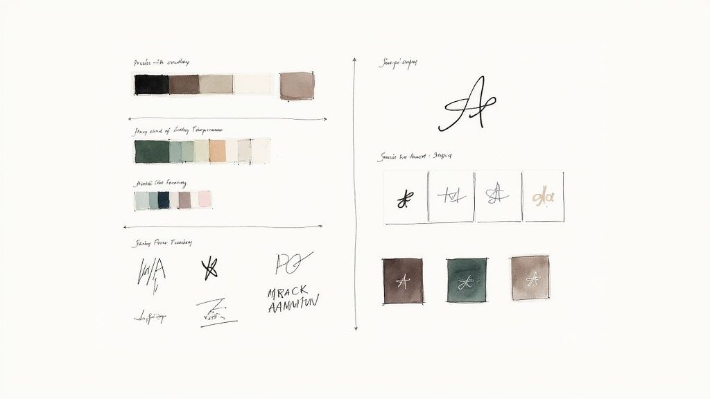 A design mood board showcasing various logo sketches, handwritten typography, and color palettes.