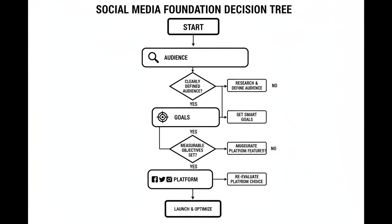 Flowchart detailing social media foundation decisions: audience, goals, platform selection, and optimization process.