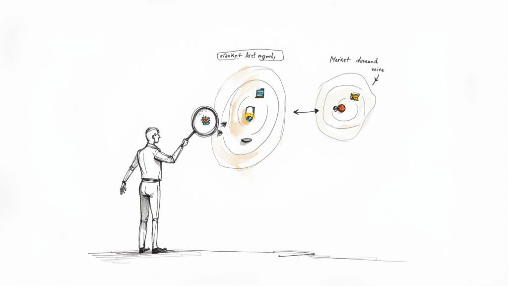 A man with a magnifying glass analyzes market segmentation with technology icons and customer demand.