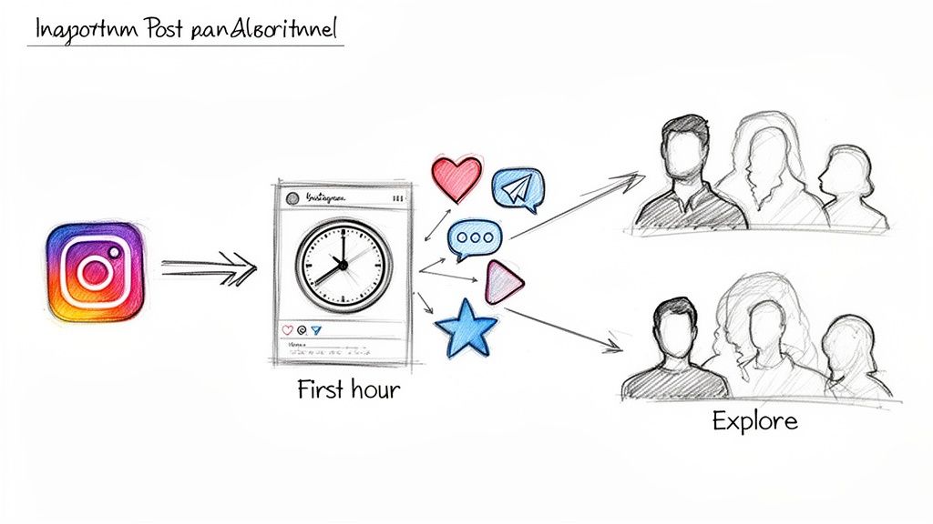 Diagram illustrates how Instagram post engagement in the first hour influences visibility to followers and the Explore page.