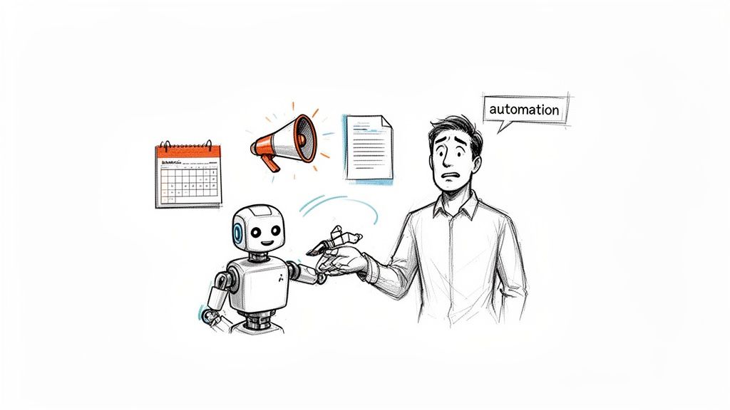 An illustration of a man interacting with a robot, with icons for a calendar, megaphone, and document, signifying automation.