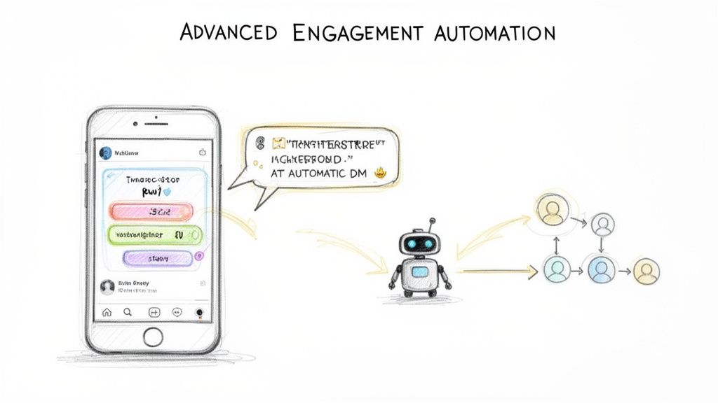Diagram illustrating advanced engagement automation using a bot for social media interaction on a smartphone.