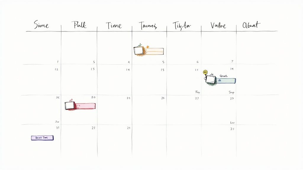 A handwritten content calendar grid with various tasks and events, including notes for 'BEST Time' and 'Growth'.