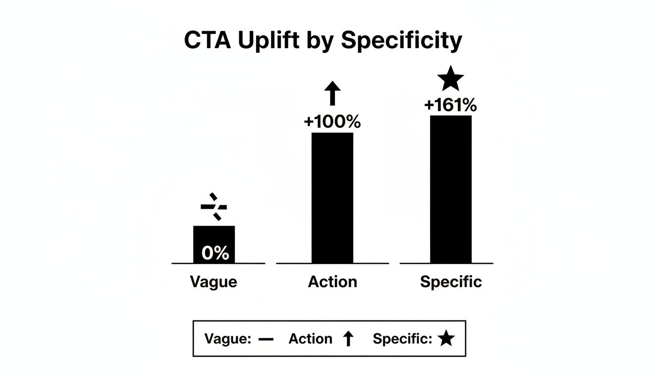Bar chart illustrating CTA uplift by specificity: Vague (0%), Action (100%), and Specific (161%).
