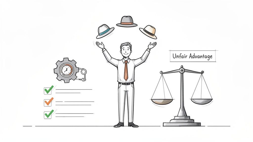 Cartoon of a man juggling hats, with a clock, checklist, and scales labeled 'Unfair Advantage'.