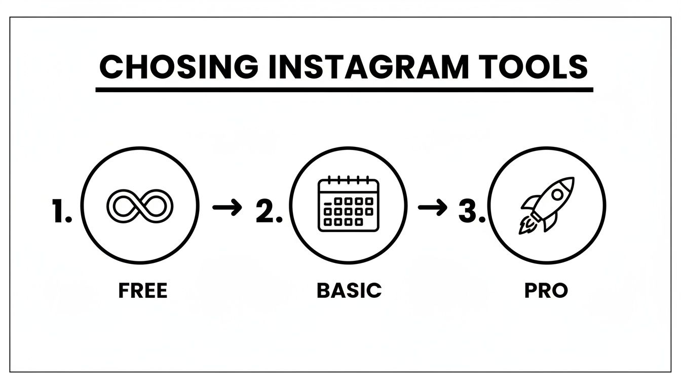 Three steps to choosing Instagram tools: Free, Basic, and Pro options, shown with icons.
