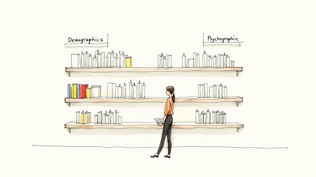 A woman stands before bookshelves labeled 'Demographics' and 'Psychographic', illustrating audience segmentation.