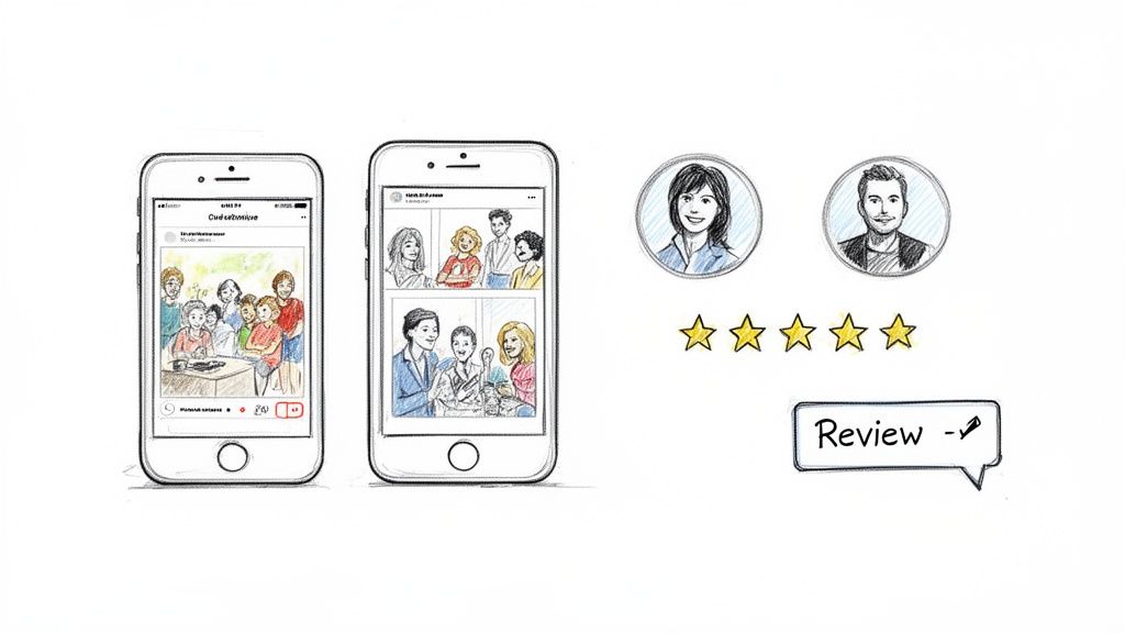 Sketch illustrating social media marketing with user profiles, star ratings, and review options on smartphones.