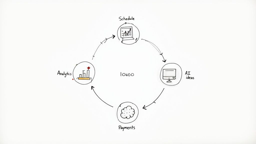 A hand-drawn diagram illustrating a cyclical business process with Schedule, AI ideas, Payments, and Analytics.