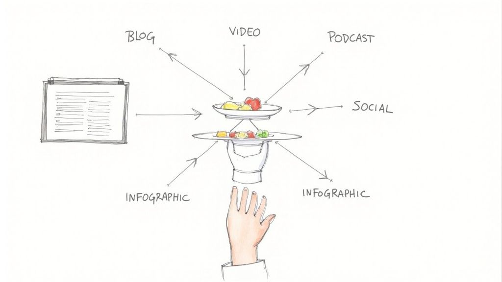 Content repurposing diagram illustrating one core idea transformed into blog, video, podcast, social, and infographics.
