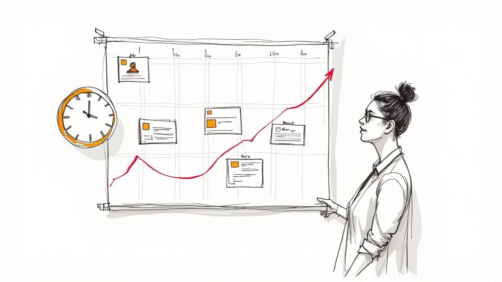 An overhead shot of a person's hands using a laptop, with a smartphone and a cup of coffee on the desk, illustrating social media management.