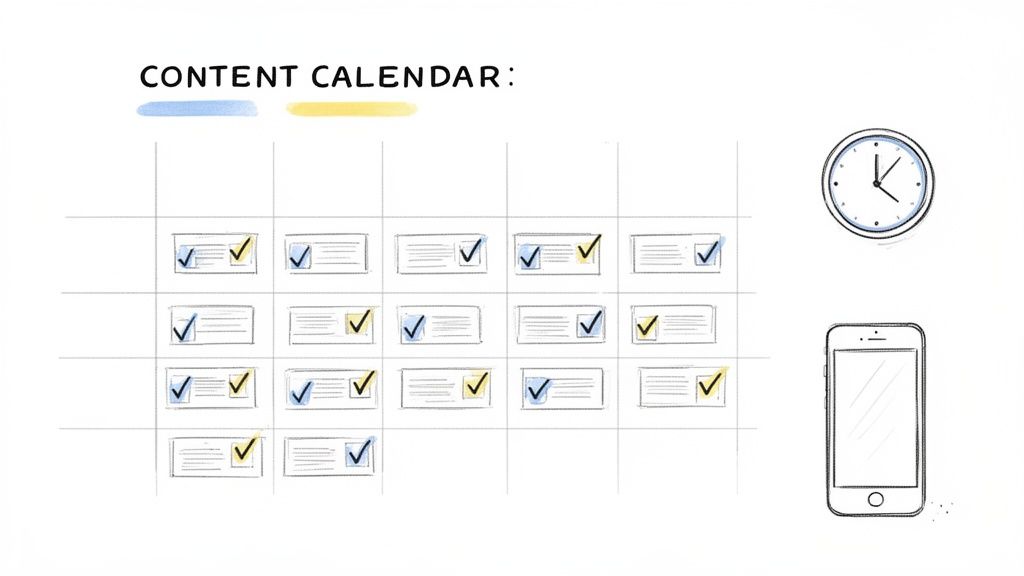 A whiteboard illustration shows a content calendar grid with tasks, a clock, and a smartphone.