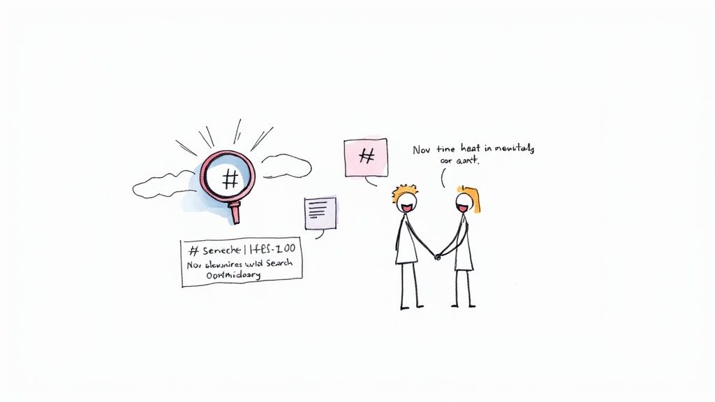 A person using a smartphone with the Instagram search interface visible, showing results for hashtags, locations, and user profiles, symbolizing content discovery.