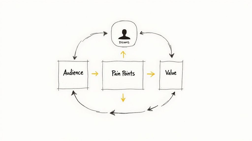 Strategy diagram illustrating the connection between audience, pain points, value, and a central user persona.