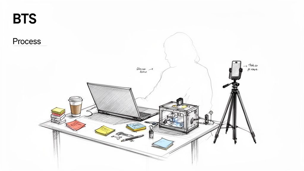 A sketch shows a person at a desk with a laptop, coffee, notes, a device, and a smartphone on a tripod, illustrating a creative process.