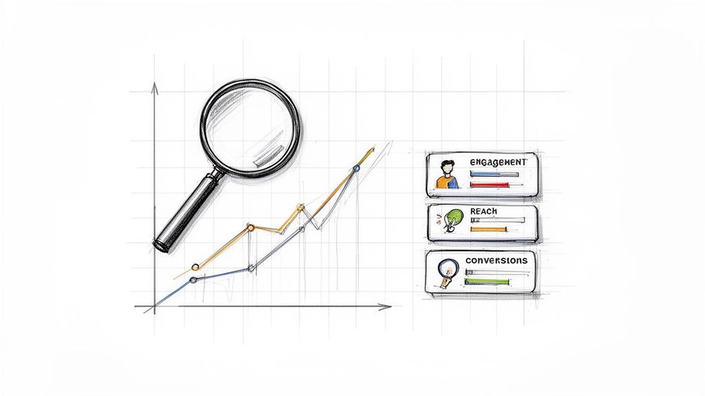 Sketch of a business growth chart with a magnifying glass, analyzing engagement, reach, and conversions.