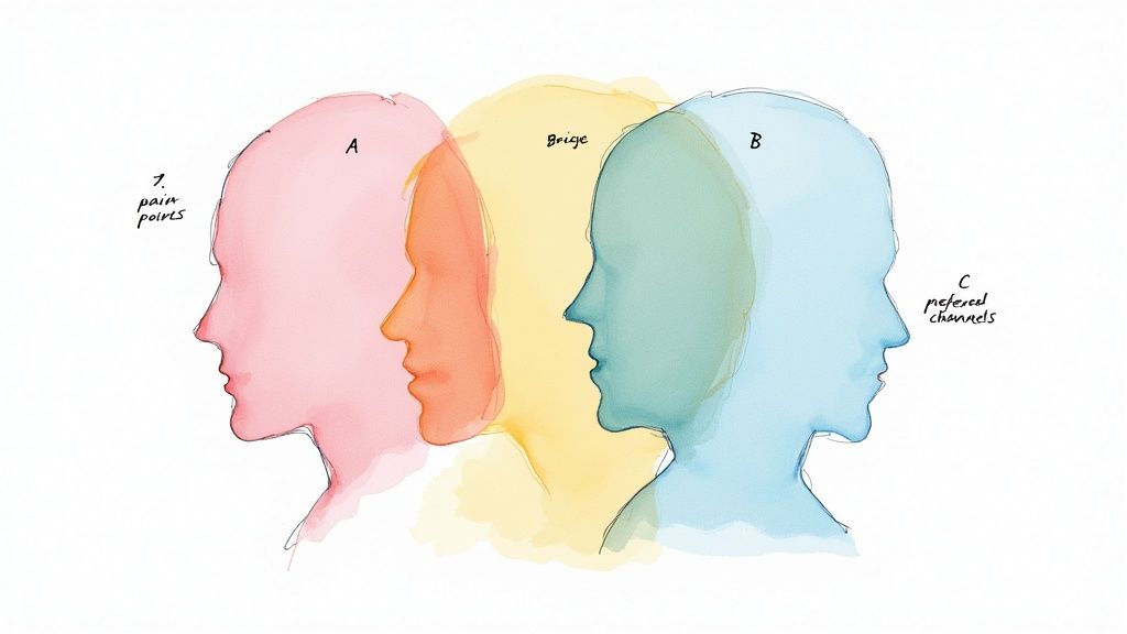 Watercolor illustration of three overlapping head profiles representing pain points, a bridge, and preferred channels.
