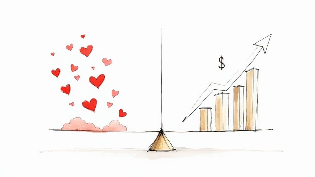 A balance scale showing hearts on one side and a rising money graph on the other.