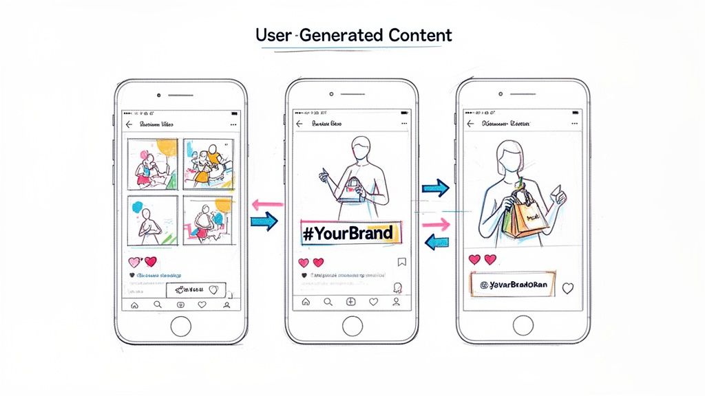 Diagram illustrating user-generated content workflow on smartphones, from diverse user posts to brand hashtags and tagging.