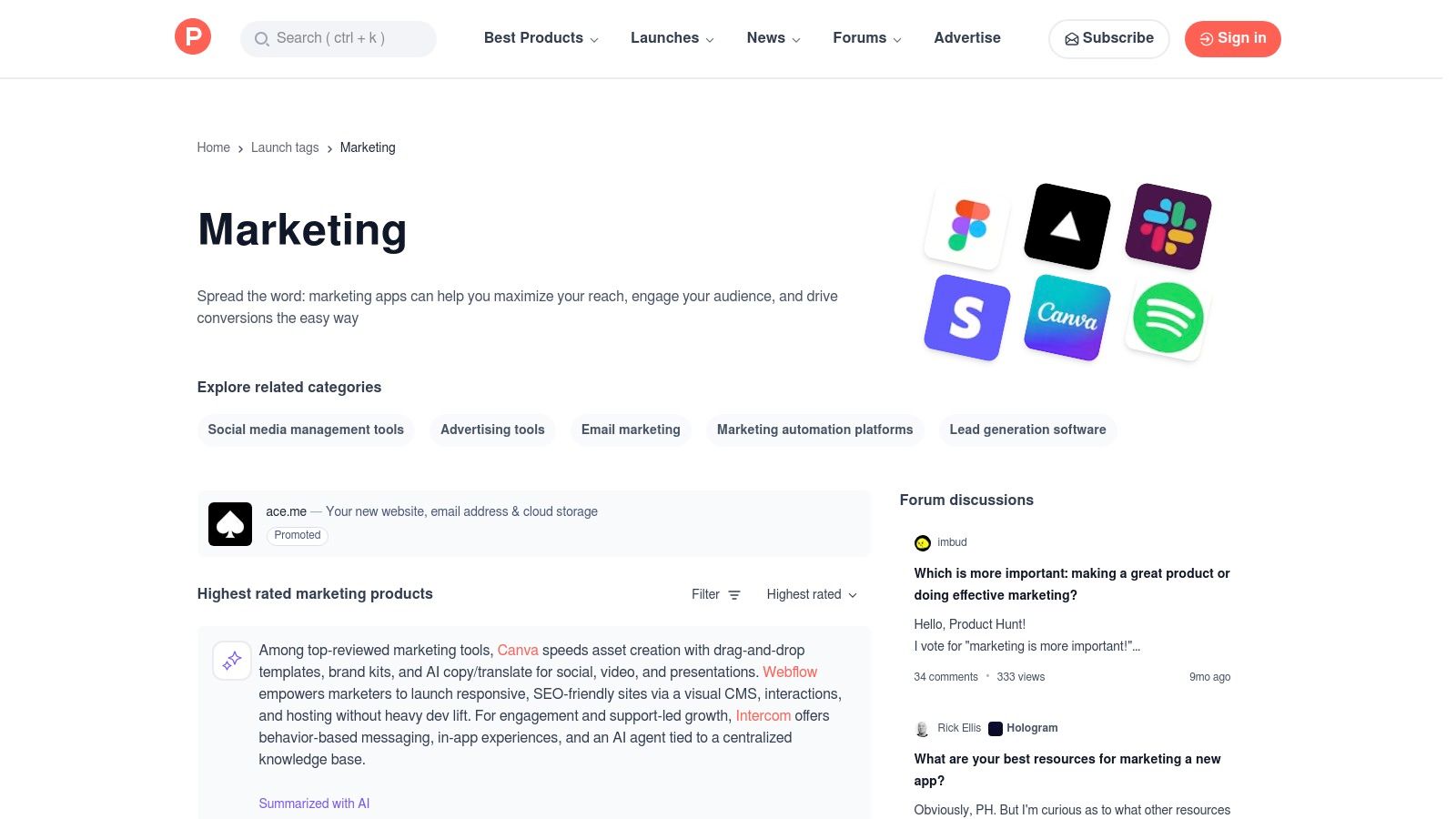 A screenshot of the Product Hunt website showing a curated list of marketing tools, highlighting its role in discovering the best AI marketing tools.