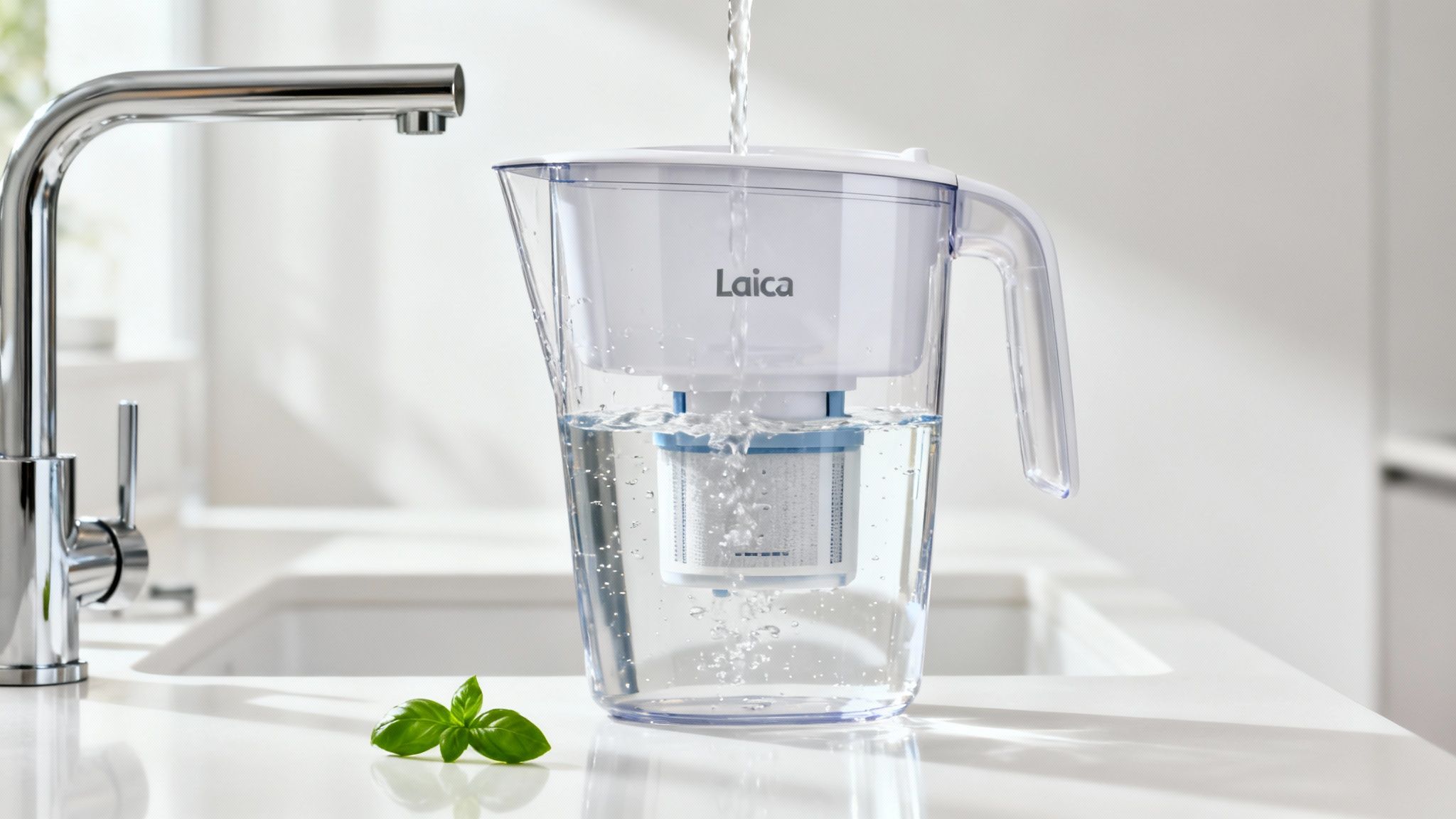 Laica water filter pitcher on a white kitchen countertop, being filled with water from a chrome tap.