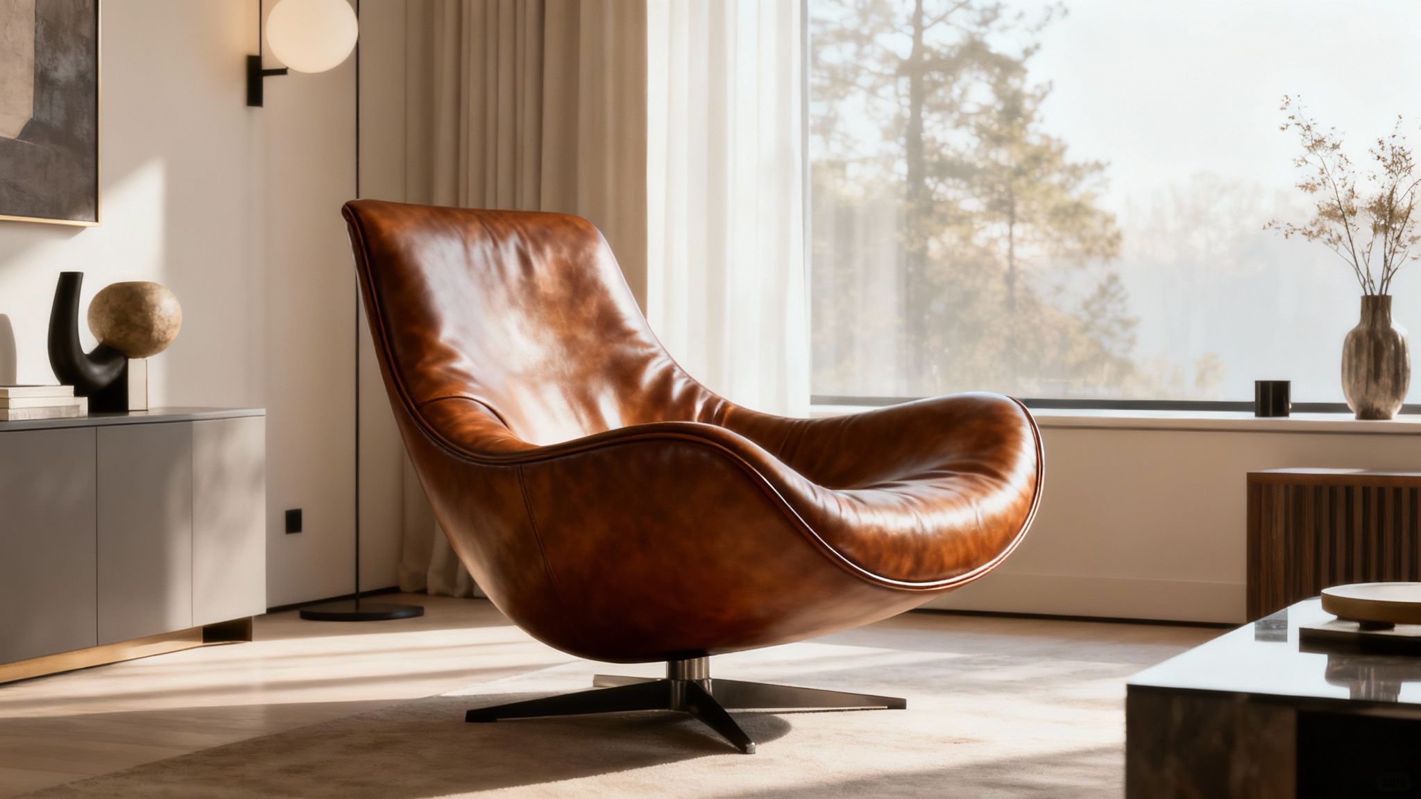 A stylish living room featuring a beautifully crafted armchair as a statement piece.