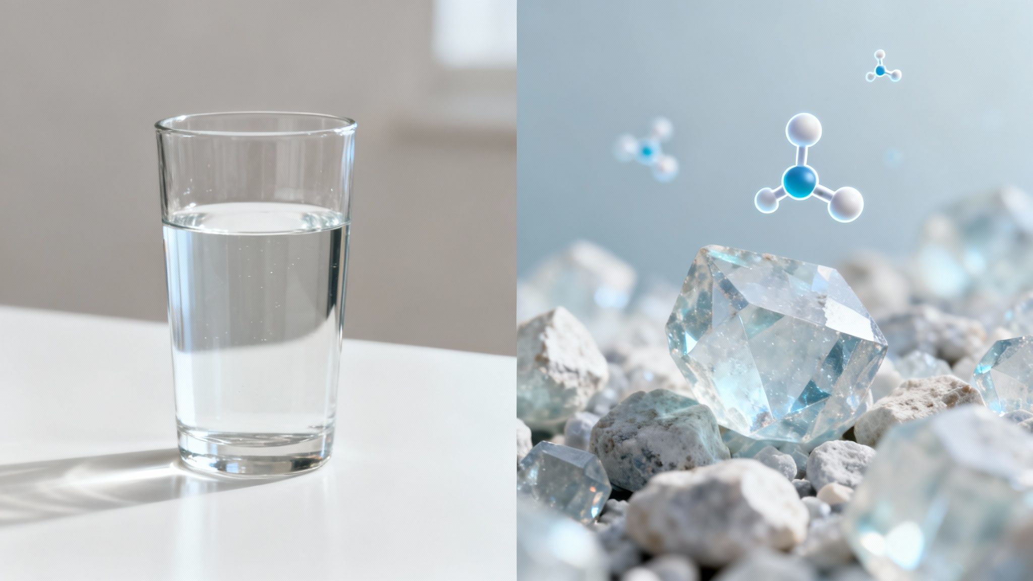 Un pahar cu apă limpede pe o masă, lângă o imagine științifică a moleculelor și cristalelor.