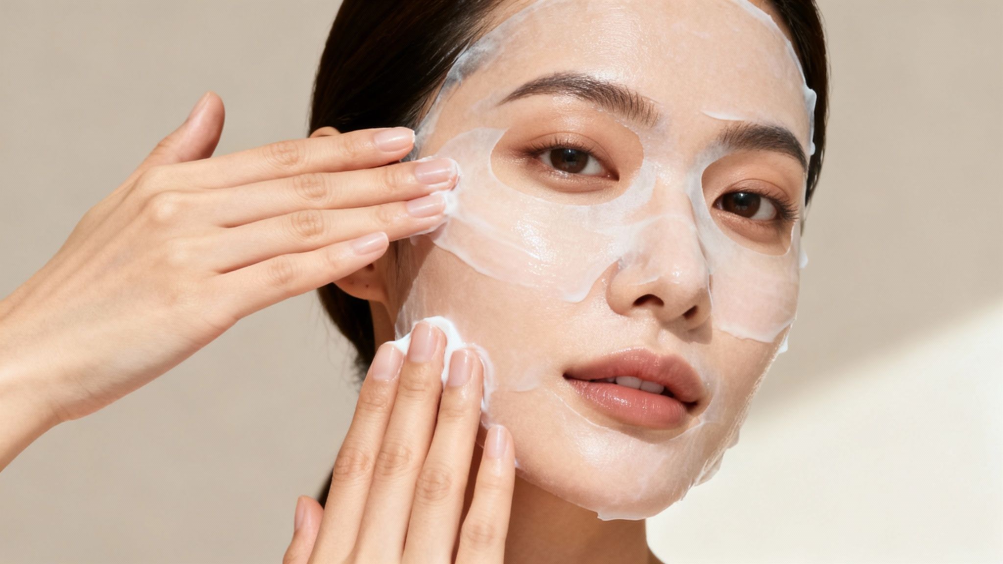 Una donna che si applica delicatamente una maschera viso fai da te con le dita, guardando lo specchio in un bagno ben illuminato.