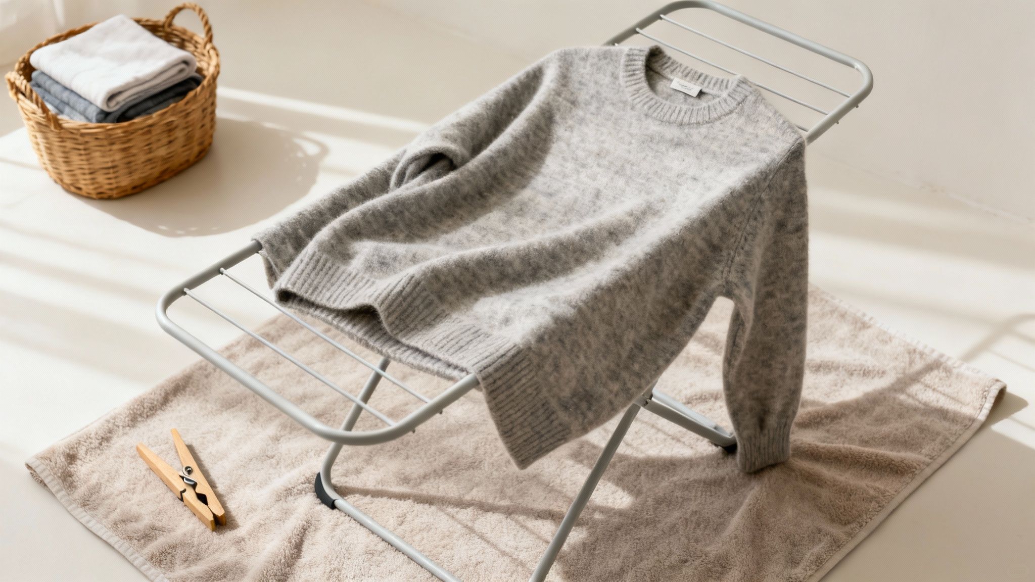 A woman hanging freshly washed laundry on an outdoor clothesline with green trees in the background