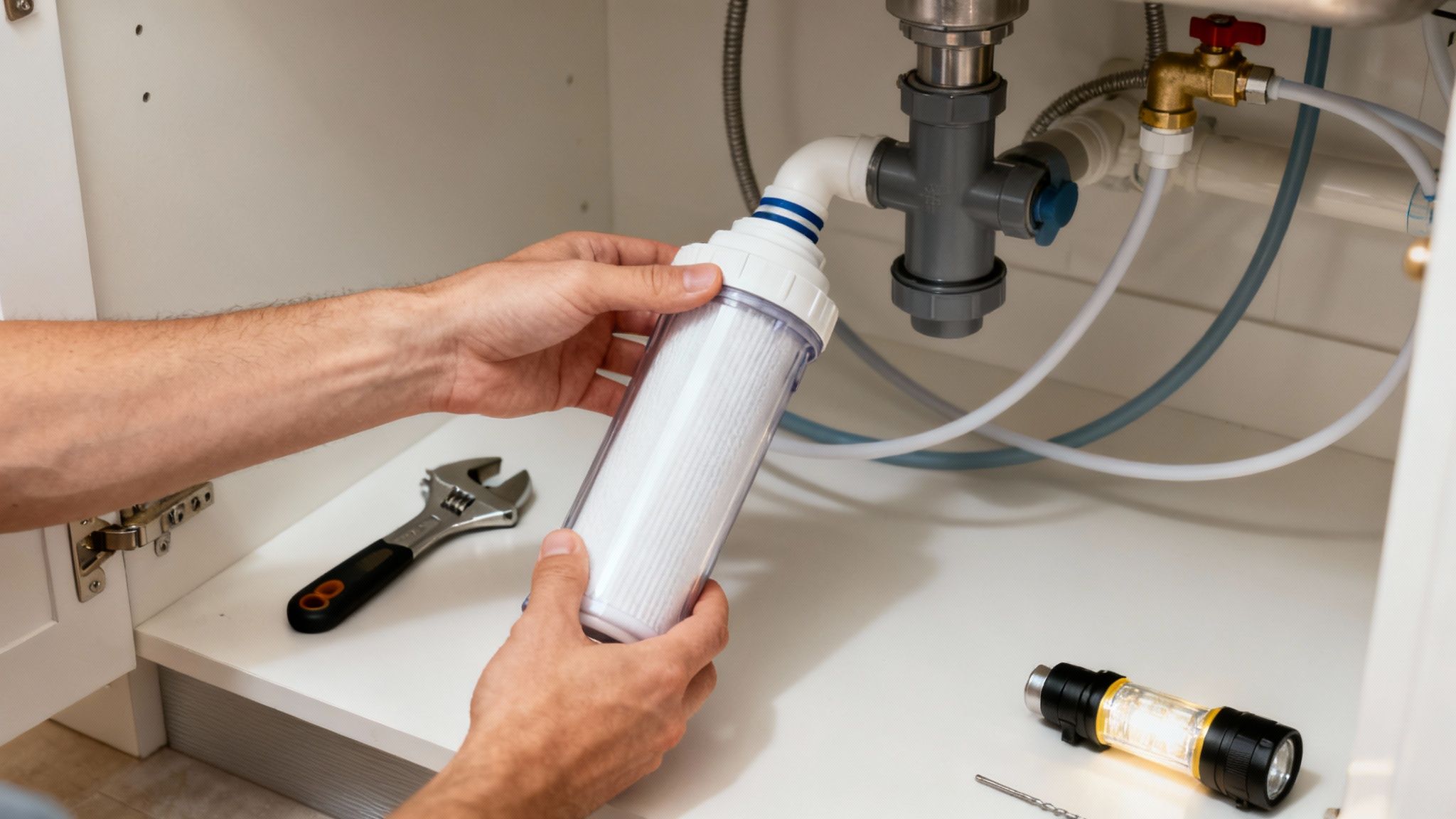 Una persona che installa un filtro per l'acqua sottolavello.