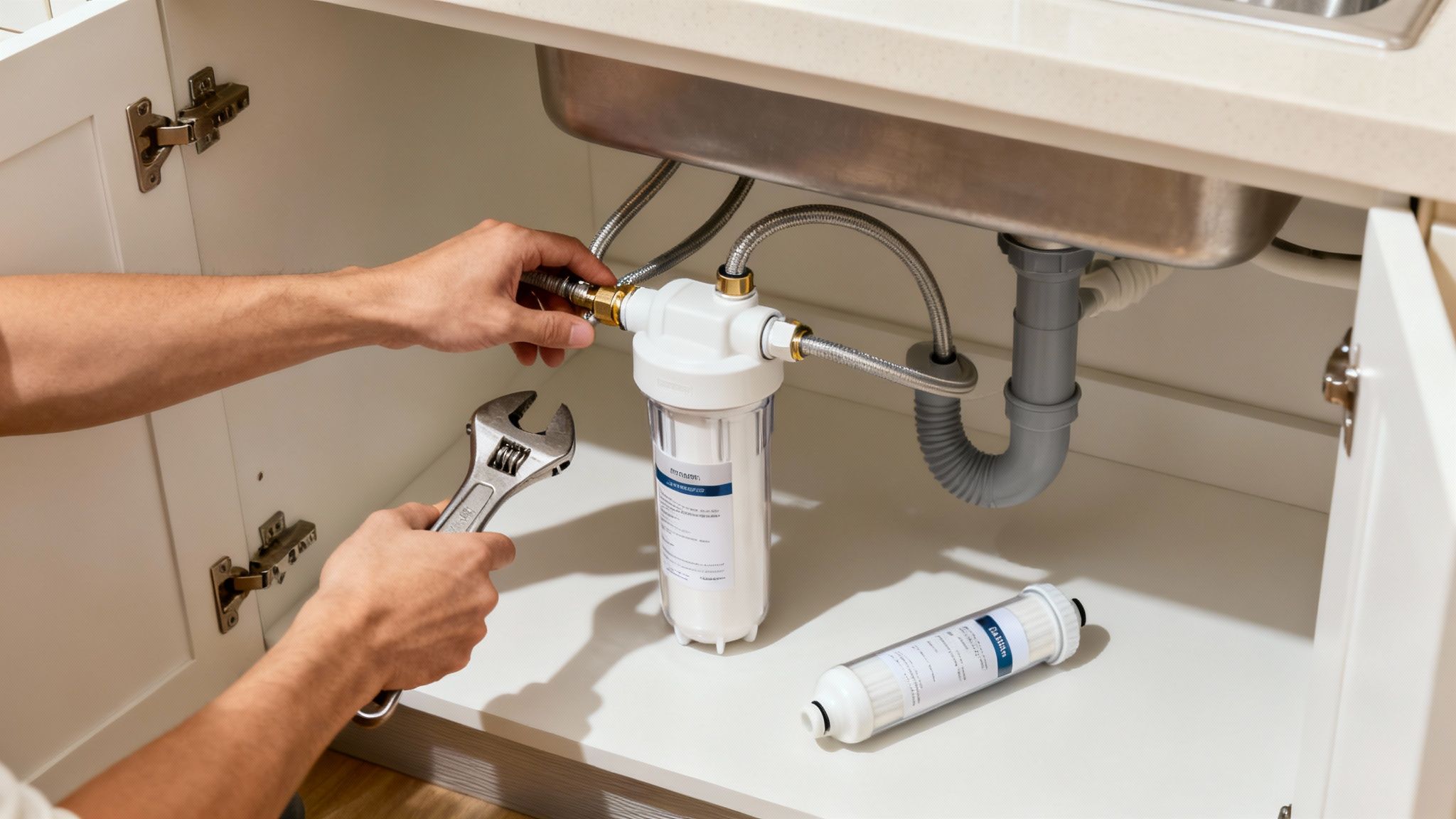 A person's hands installing a new water filter under a kitchen sink with a wrench.