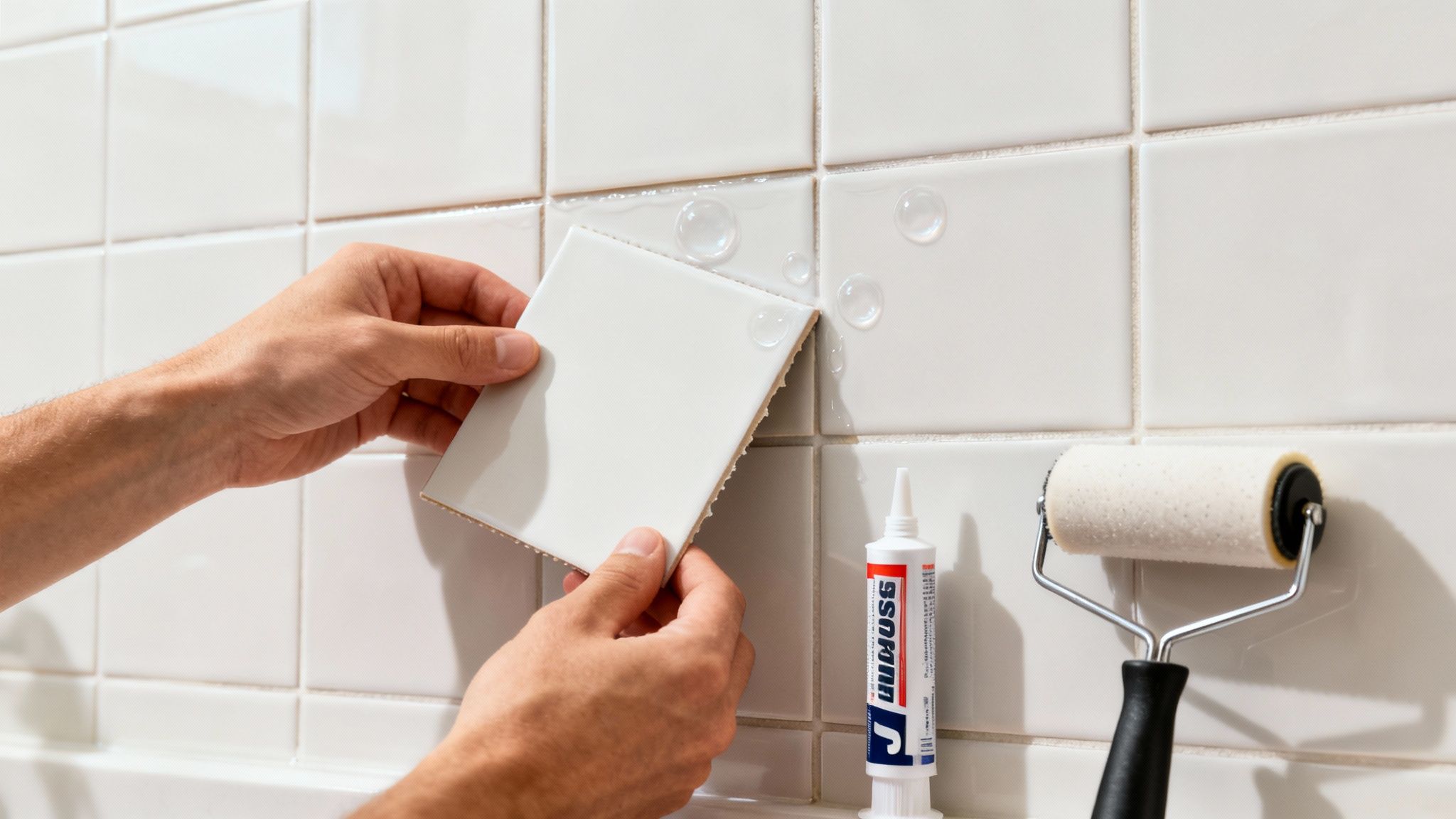 A person using a J-roller to smooth out a freshly placed peel and stick tile on a wall.