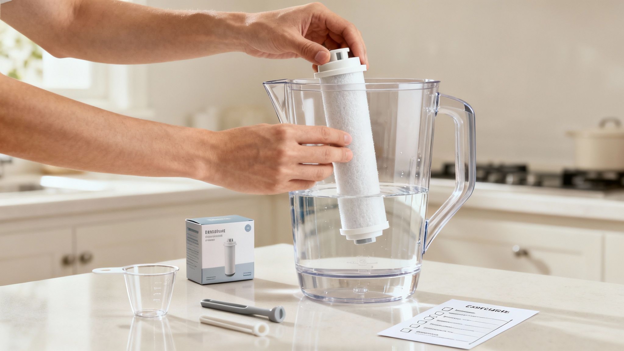 Person installing replacement water filter cartridge into clear plastic pitcher jug in kitchen