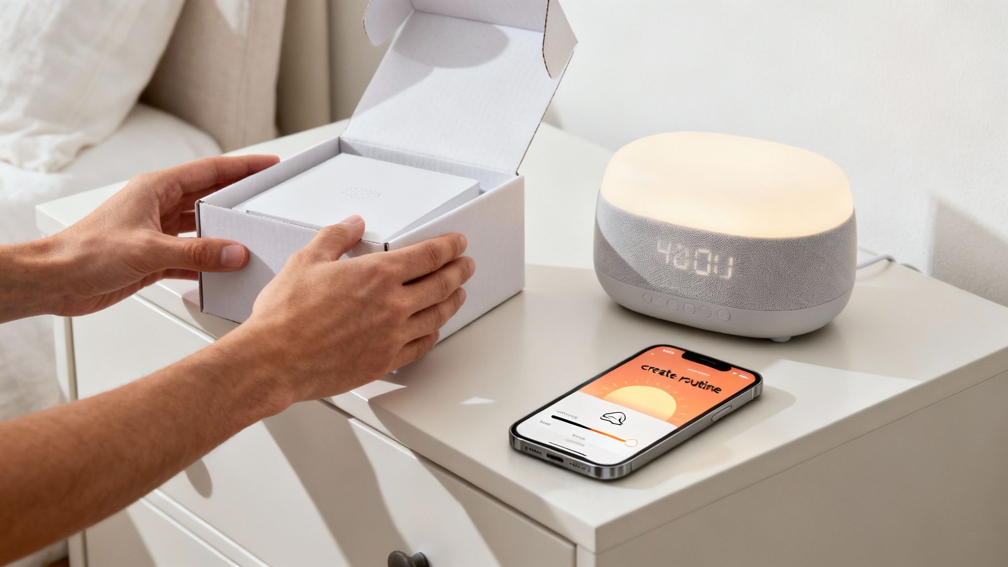 La mano di una persona che regola le impostazioni di una sveglia Hatch.