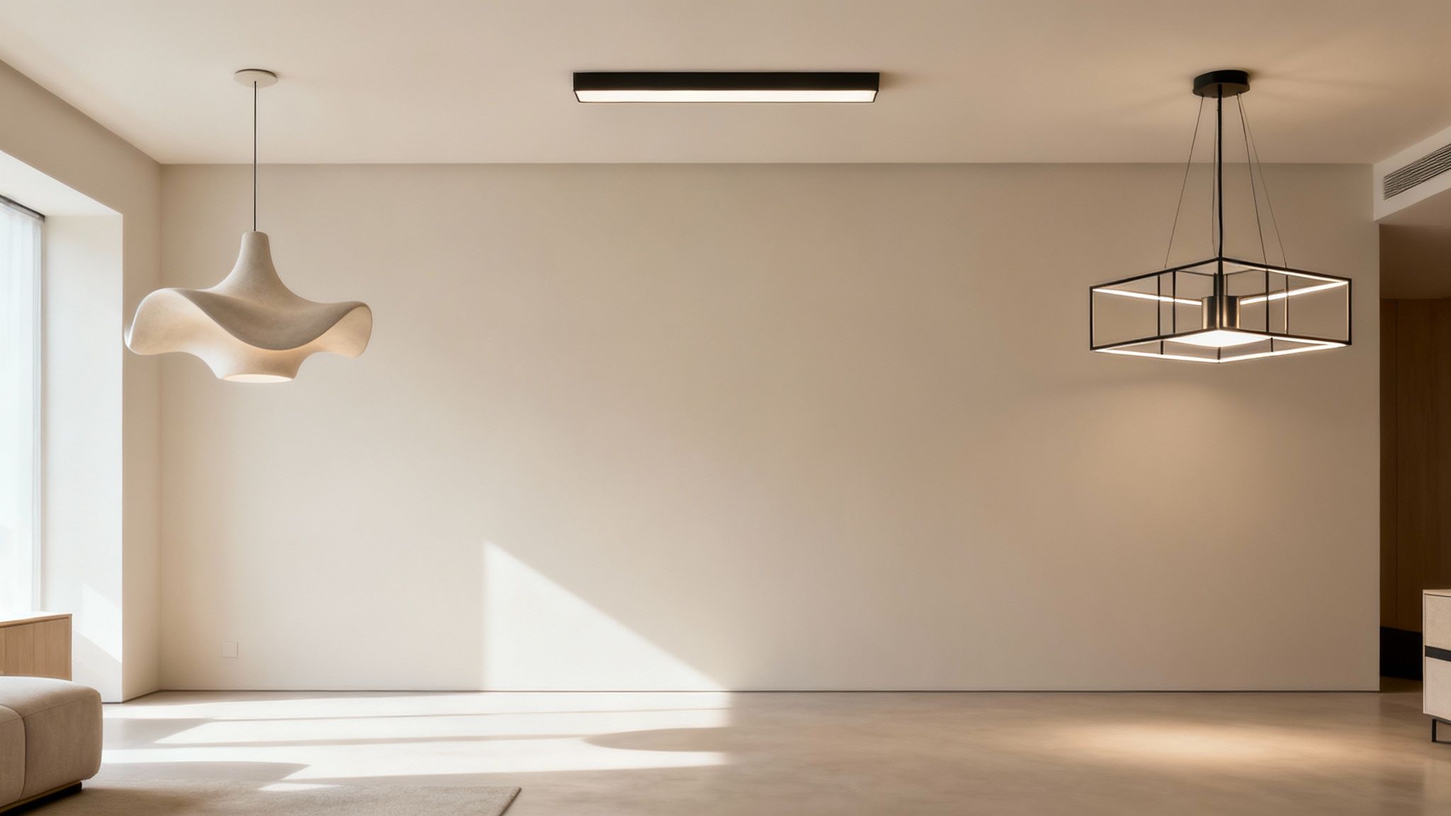 A minimalist living room featuring a stunning sculptural pendant light over a coffee table.