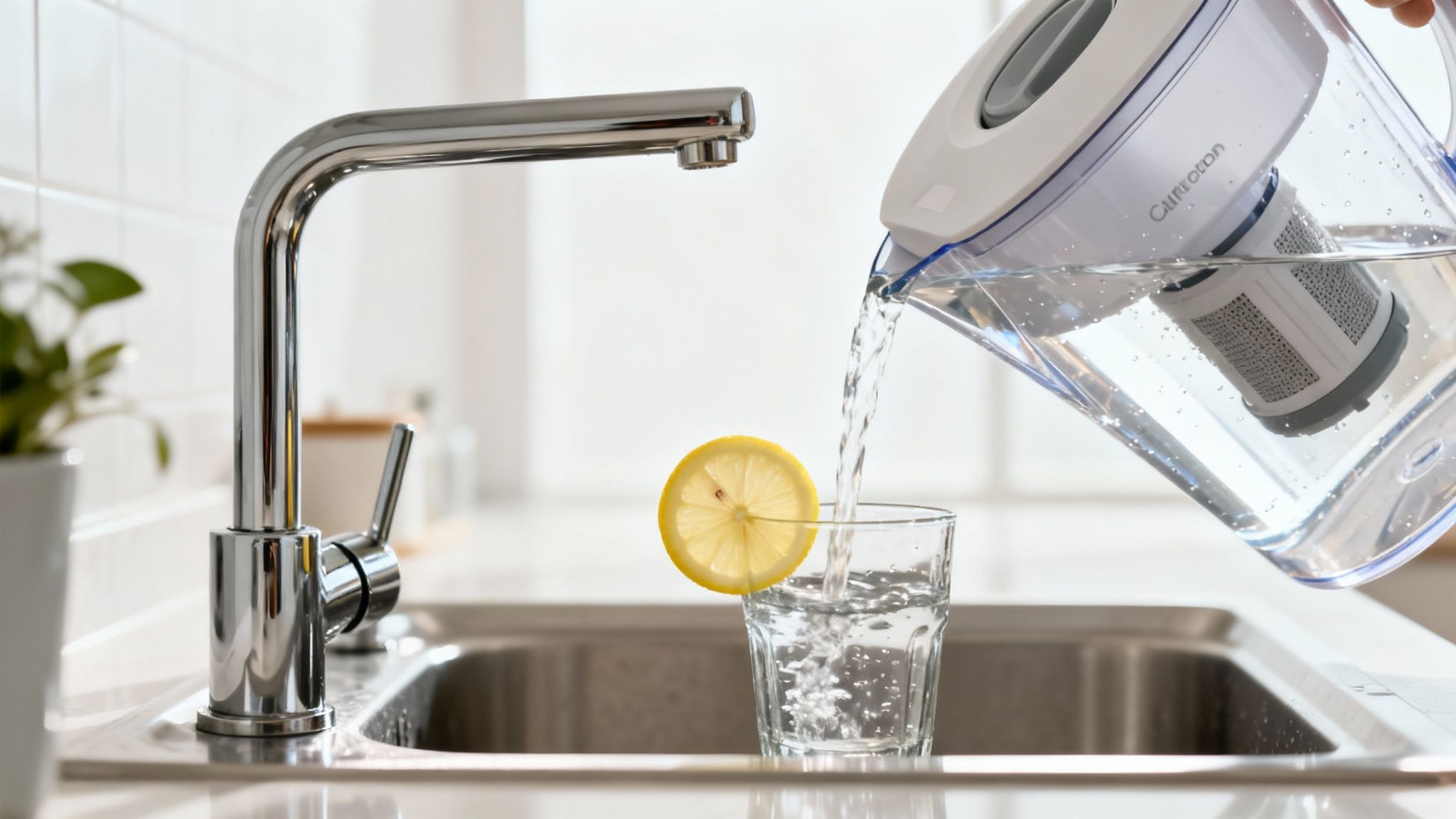 A water filter pitcher pours fresh water into a glass with a lemon slice by a kitchen sink.
