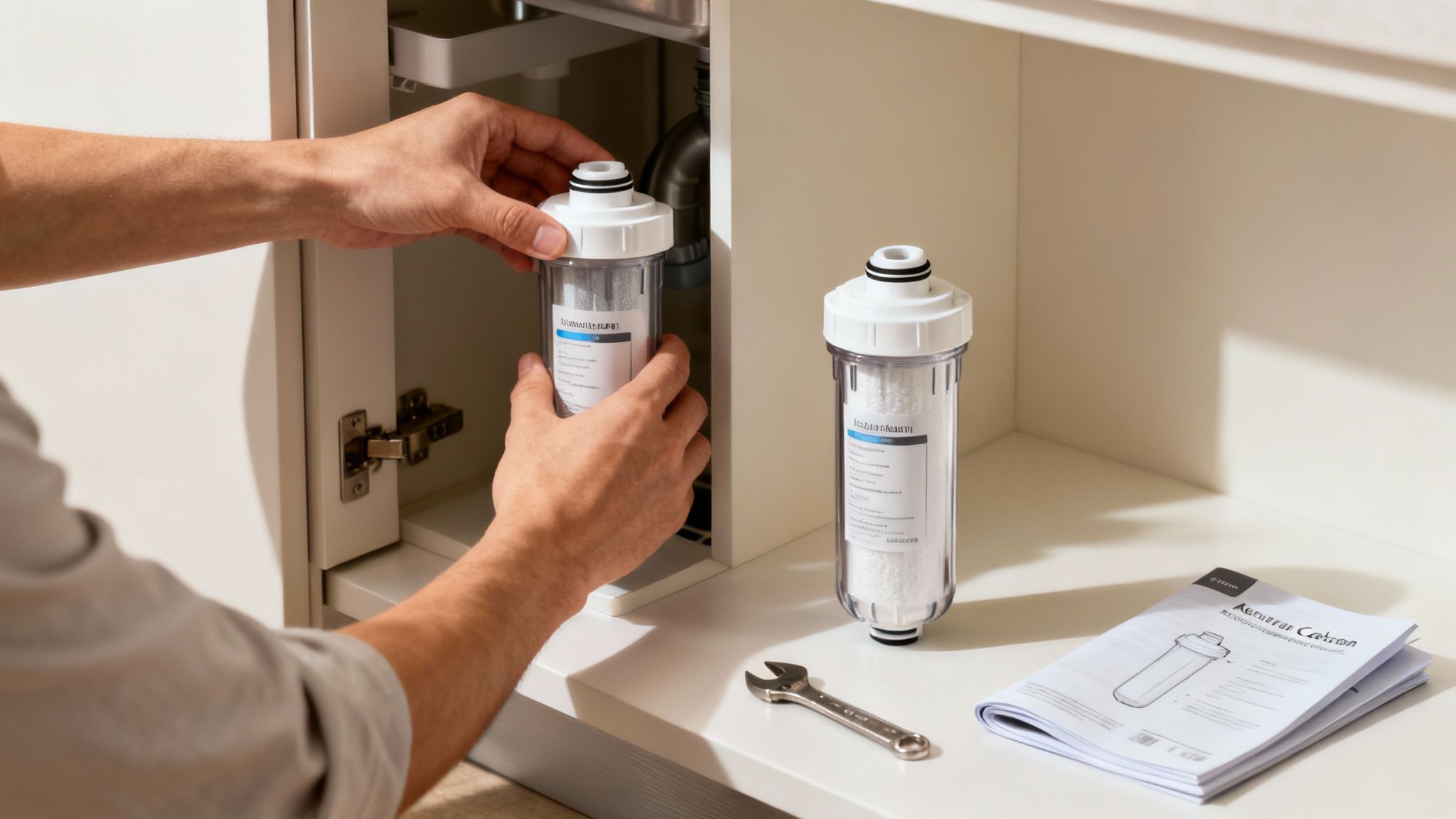 Si vedono le mani di una persona mentre installa un filtro per l'acqua sul rubinetto della cucina.
