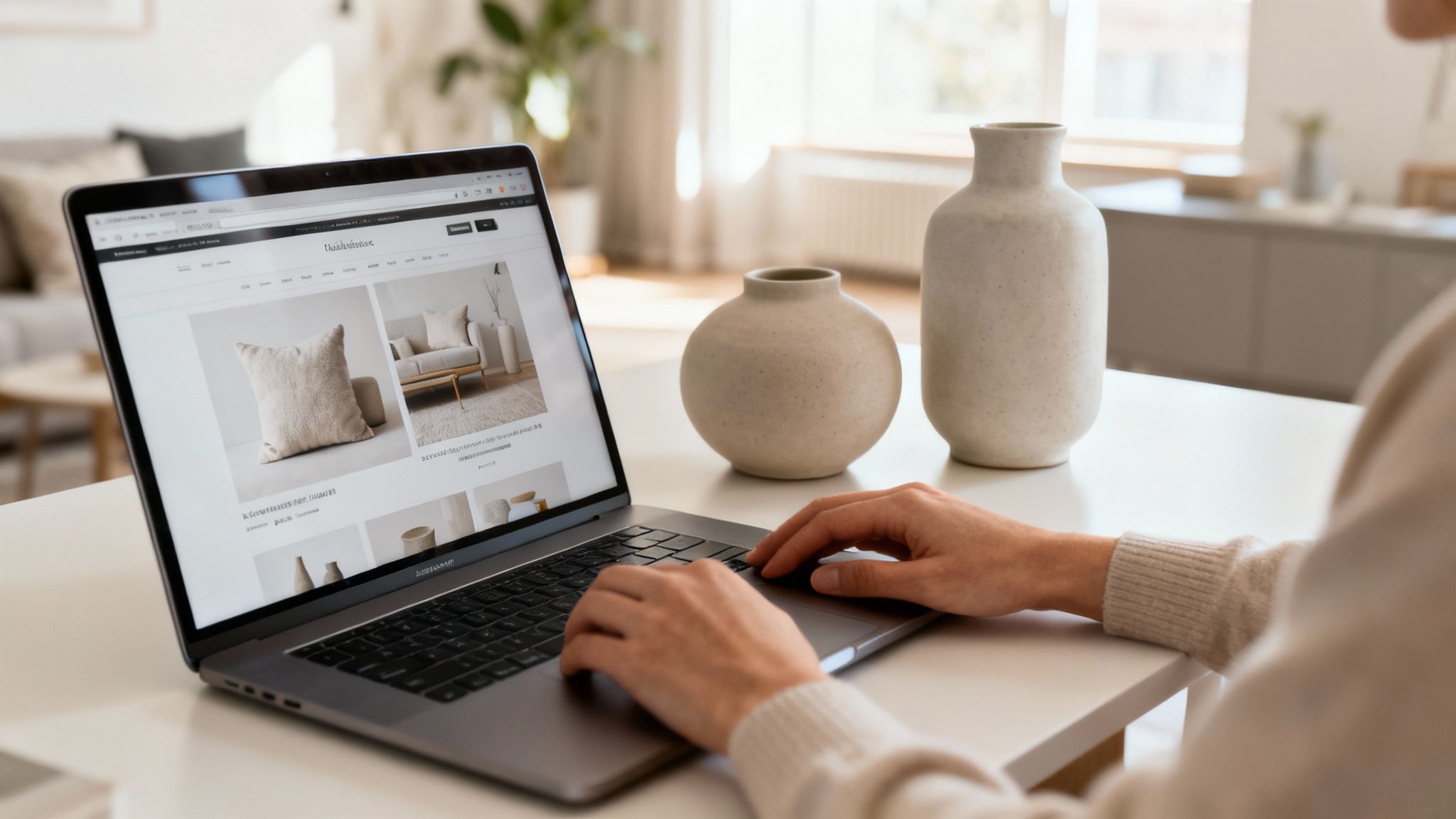 Un soggiorno moderno ed elegante, con mobili e dettagli decorativi dai toni neutri.