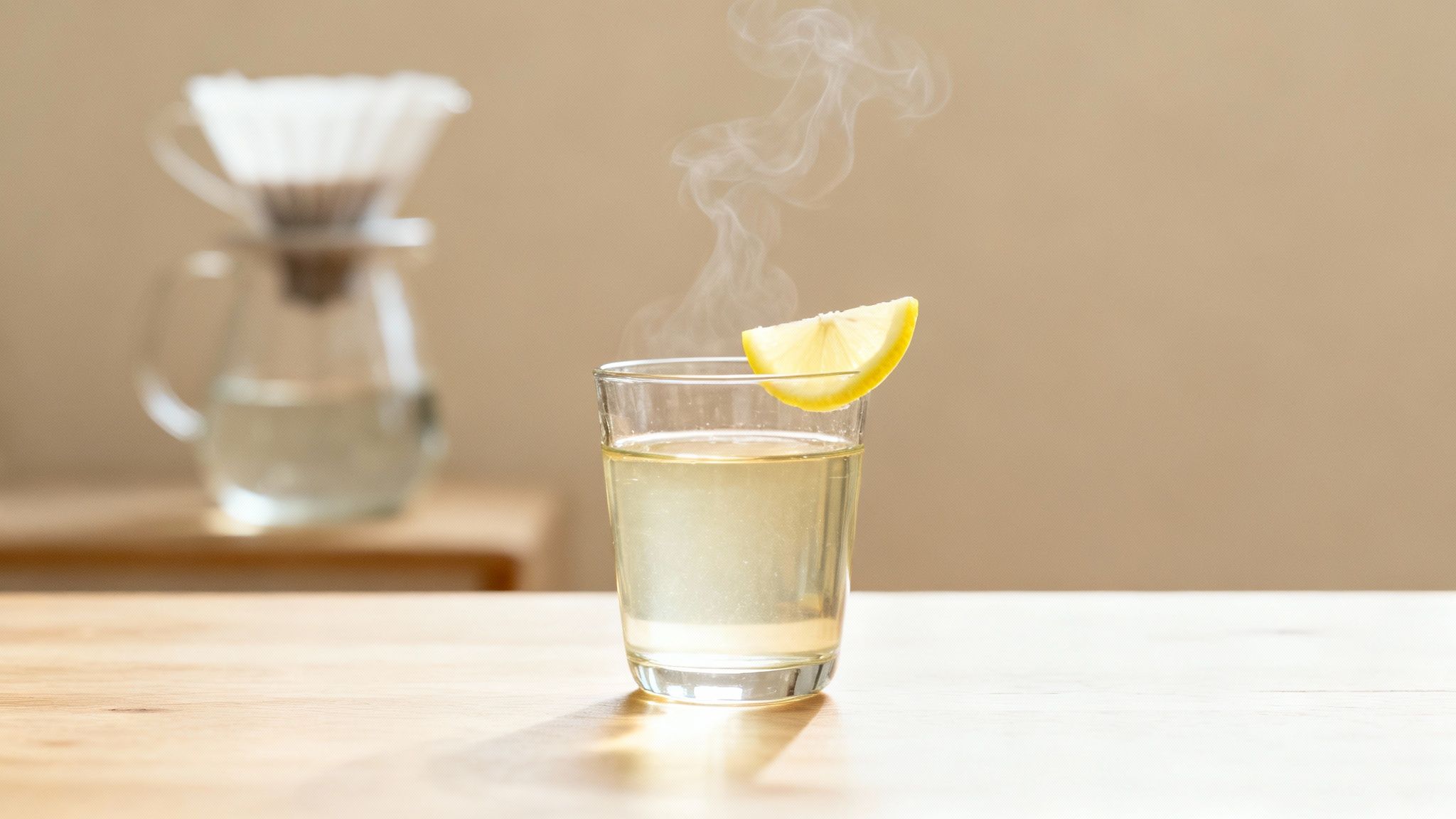 Un bicchiere di acqua tiepida al limone con limoni freschi su un tavolo di legno