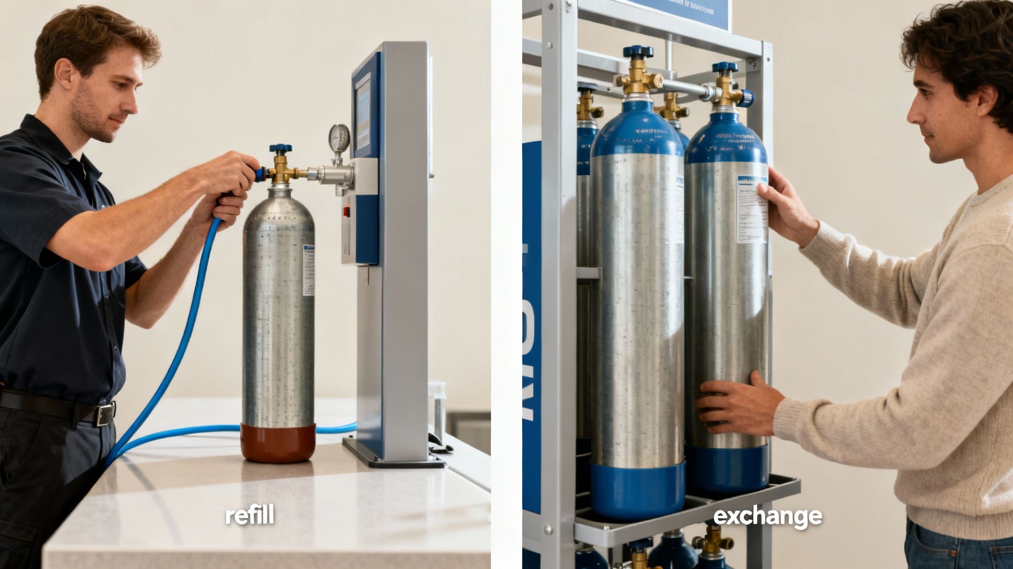 Two men demonstrating methods of obtaining CO2 cylinders: one refilling a cylinder and another exchanging one from a rack.