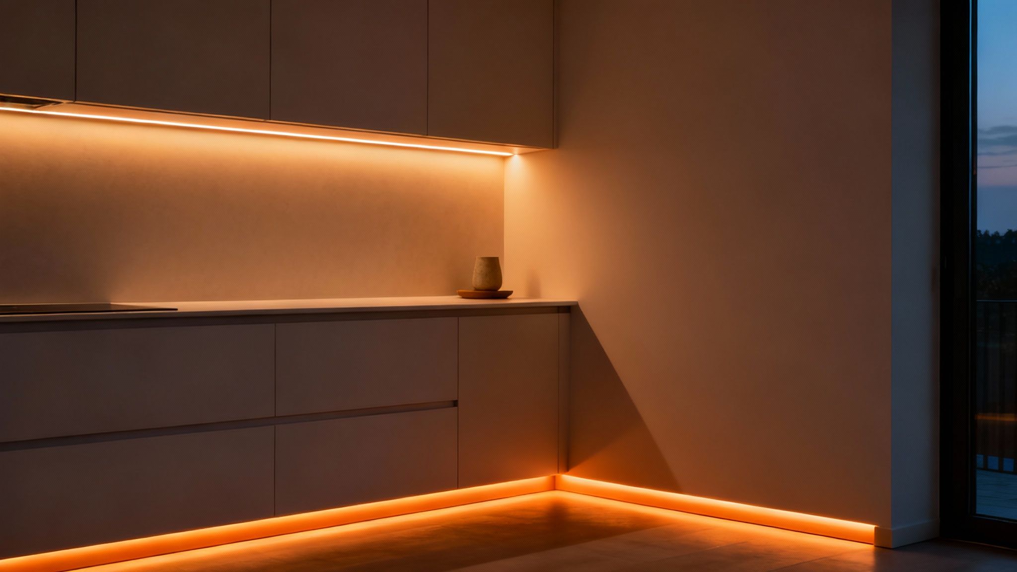 A modern living room featuring ambient LED strip lighting along the ceiling and behind furniture