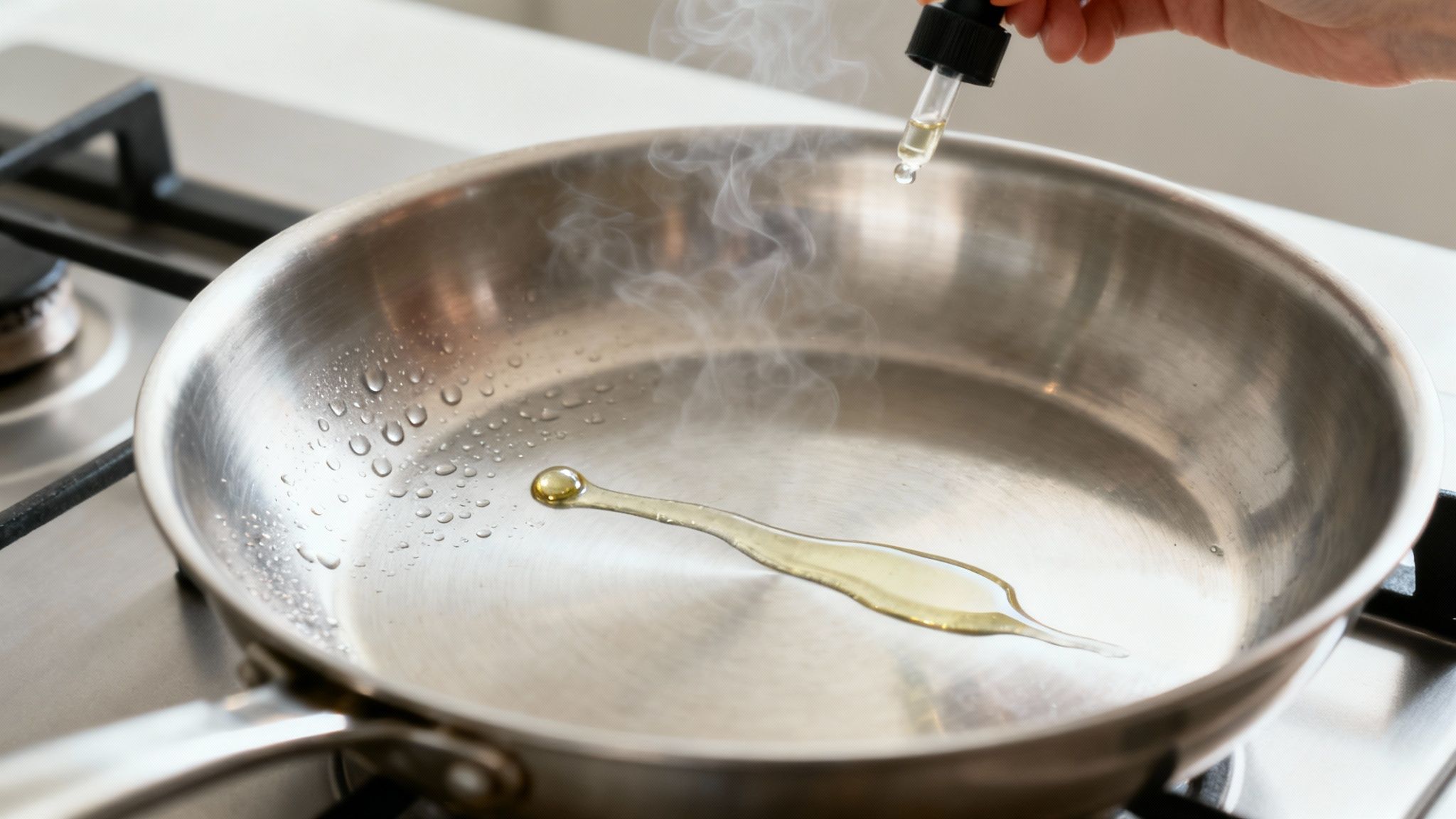 A stainless steel pan sizzling with perfectly seared meat