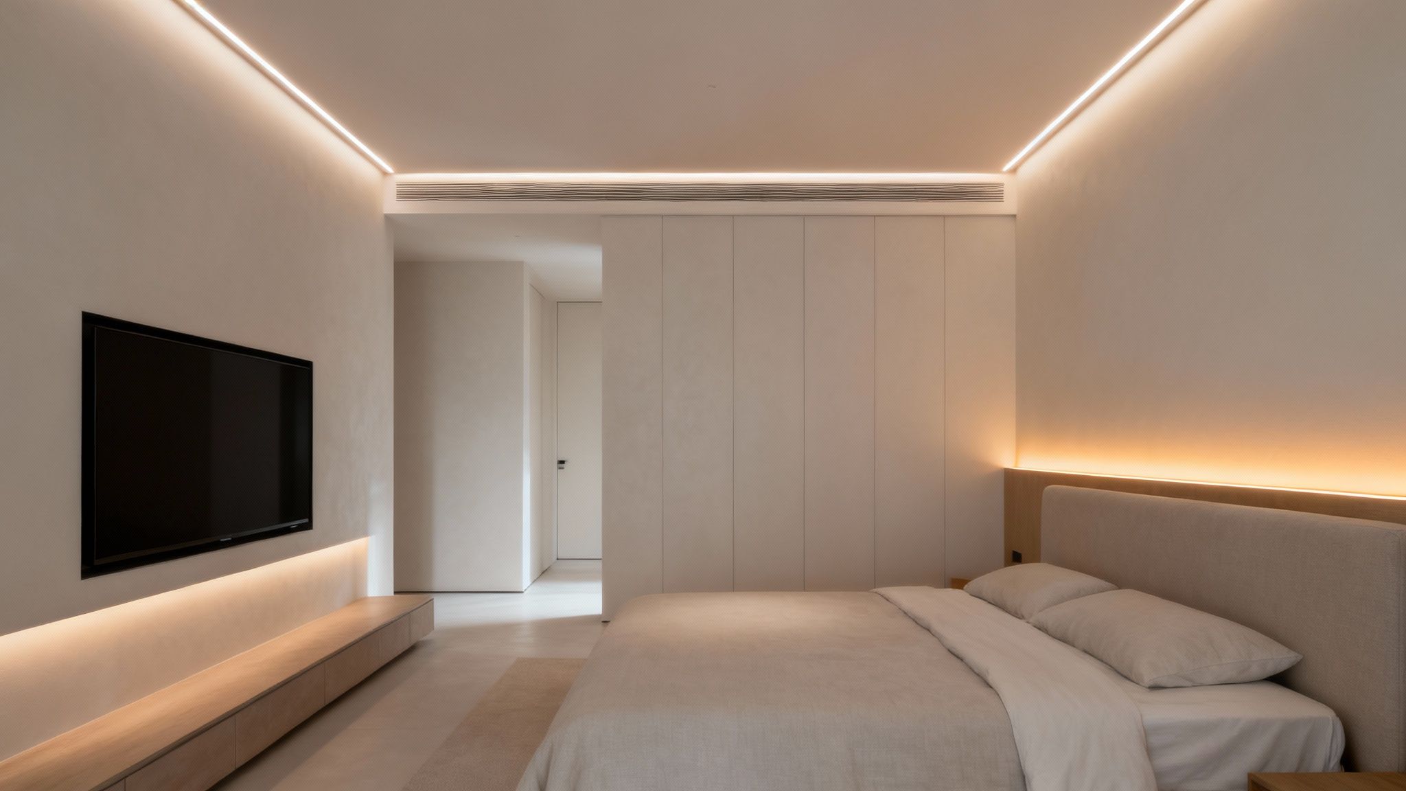 A beautifully lit modern kitchen with under-cabinet LED strip lighting.