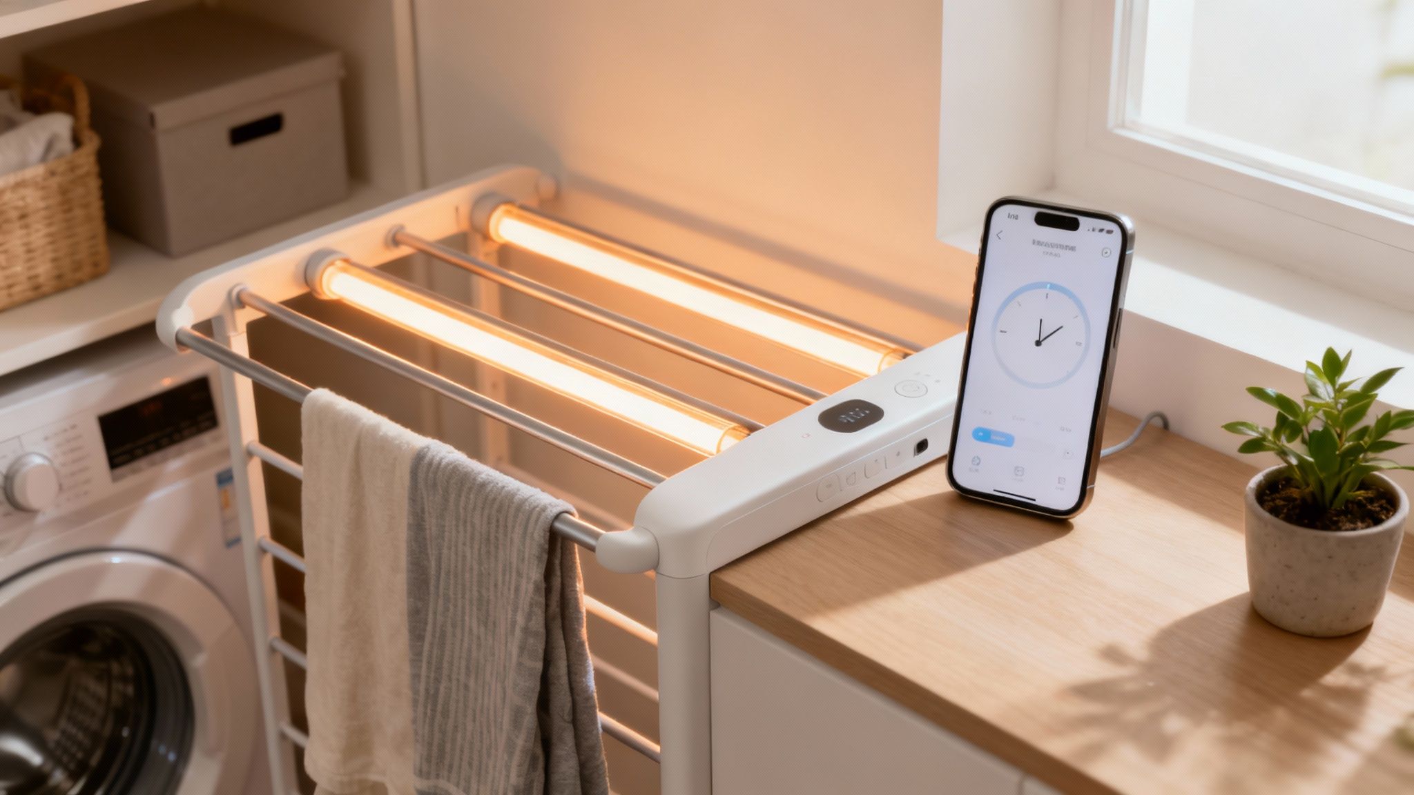 A sleek, modern electric dry clothes rack in a well-lit laundry room