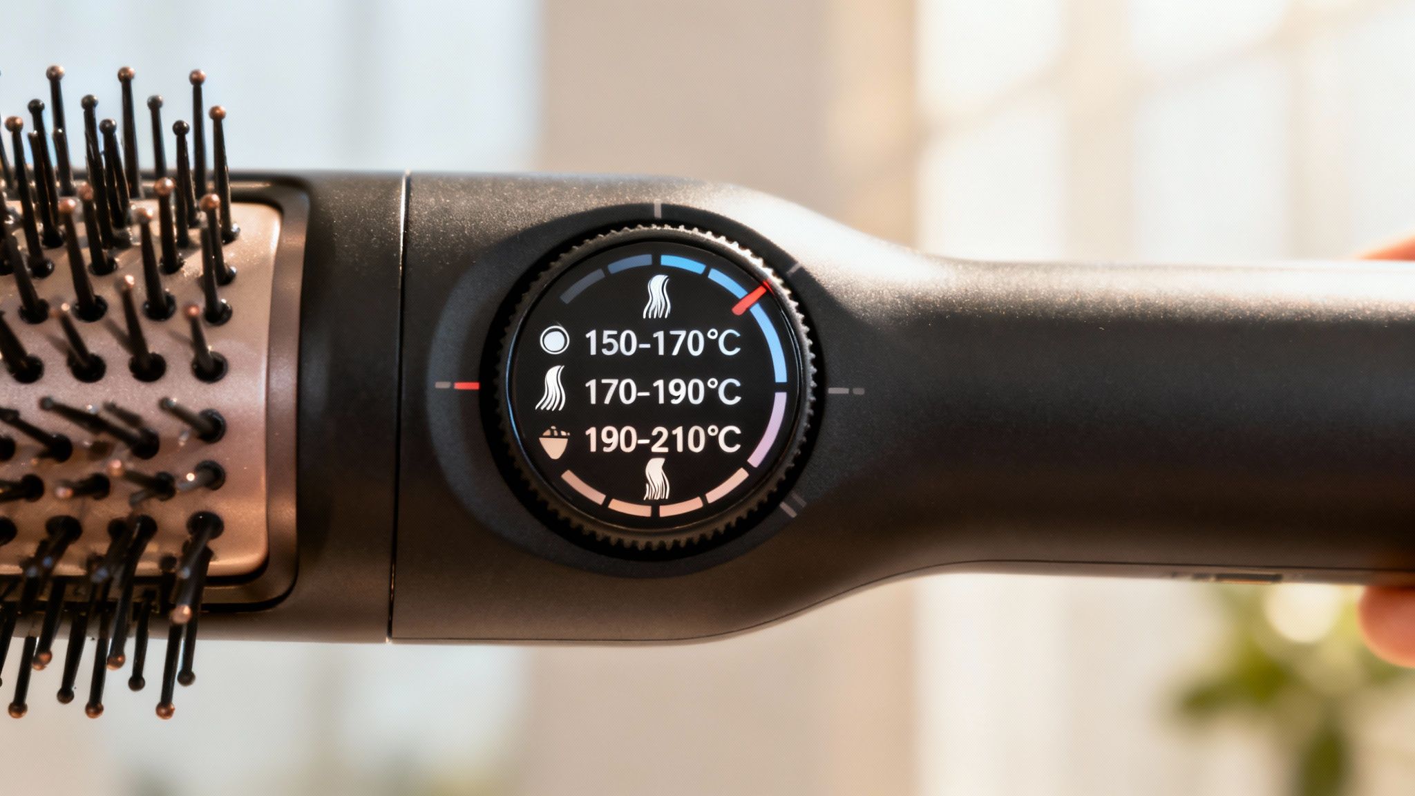 Una donna che imposta la temperatura su una spazzola lisciante.