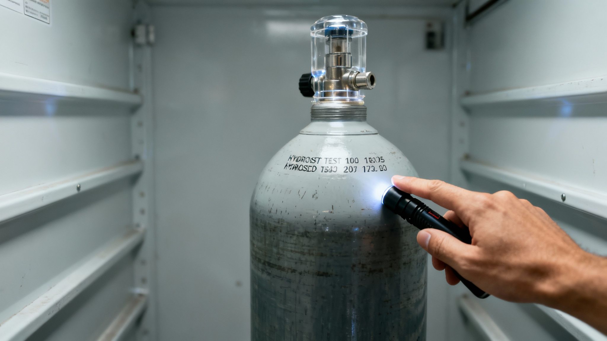 A hand shines a flashlight on a gray gas cylinder with test markings inside a cabinet.