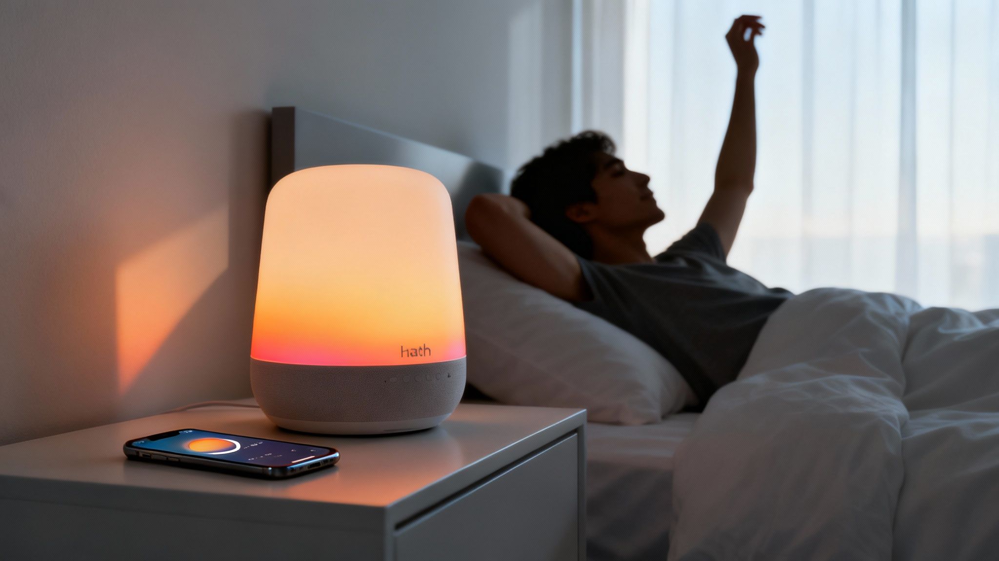 Una sveglia Hatch su un comodino moderno.